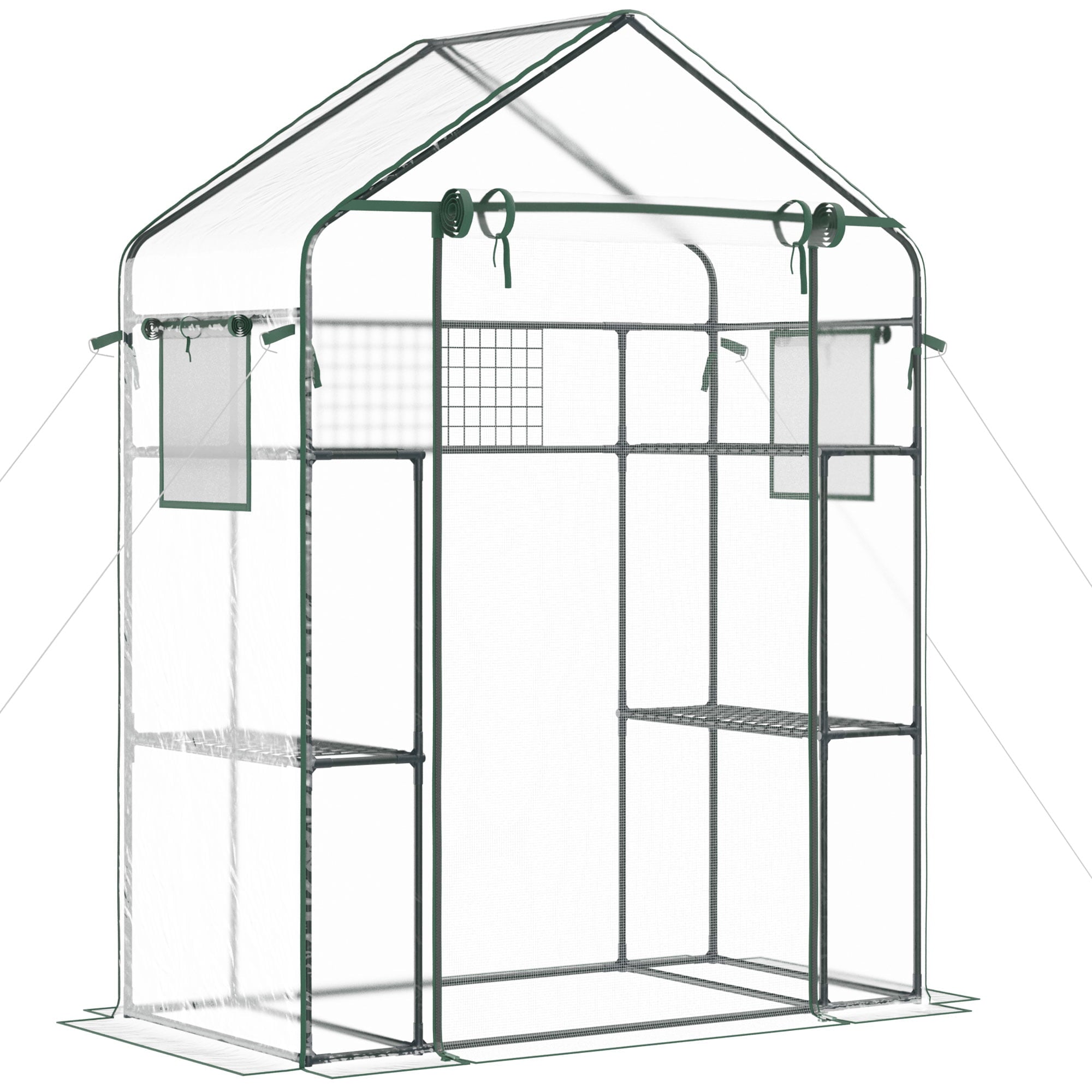 Outsunny Outdoor Walk-in Greenhouse w/ Mesh Door & Windows, 3 Tier Shelves