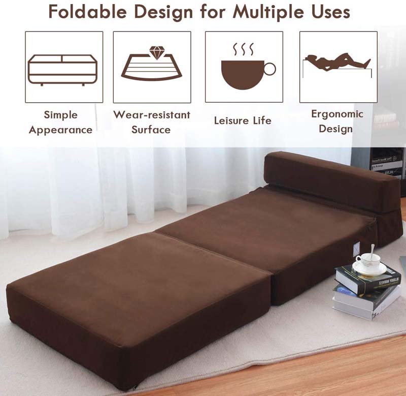 Triple Fold Down Sofa Bed, Floor Couch Sleeper Sofa, Modern Folding Lounge Chaise Convertible Upholstered Guest Sleeper Chair