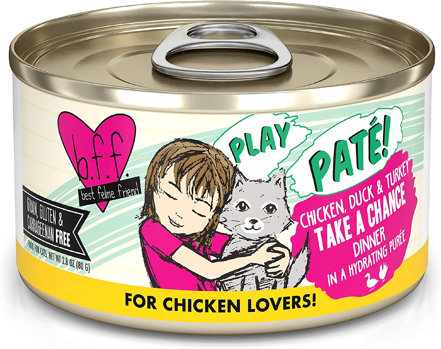 Weruva Wet Cat Food B.F.F. PLAY - Best Feline Friend Paté Lovers， Aw Yeah!， Chicken， Duck and Turkey Take a Chance with Chicken， Duck and Turkey， 2.8oz Can (Pack of 12)