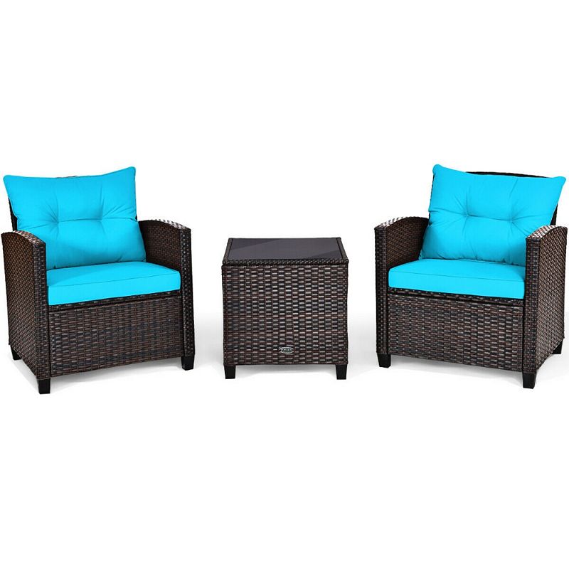 3 Pcs Patio Rattan Furniture Set Cushioned Conversation Set Coffee Table