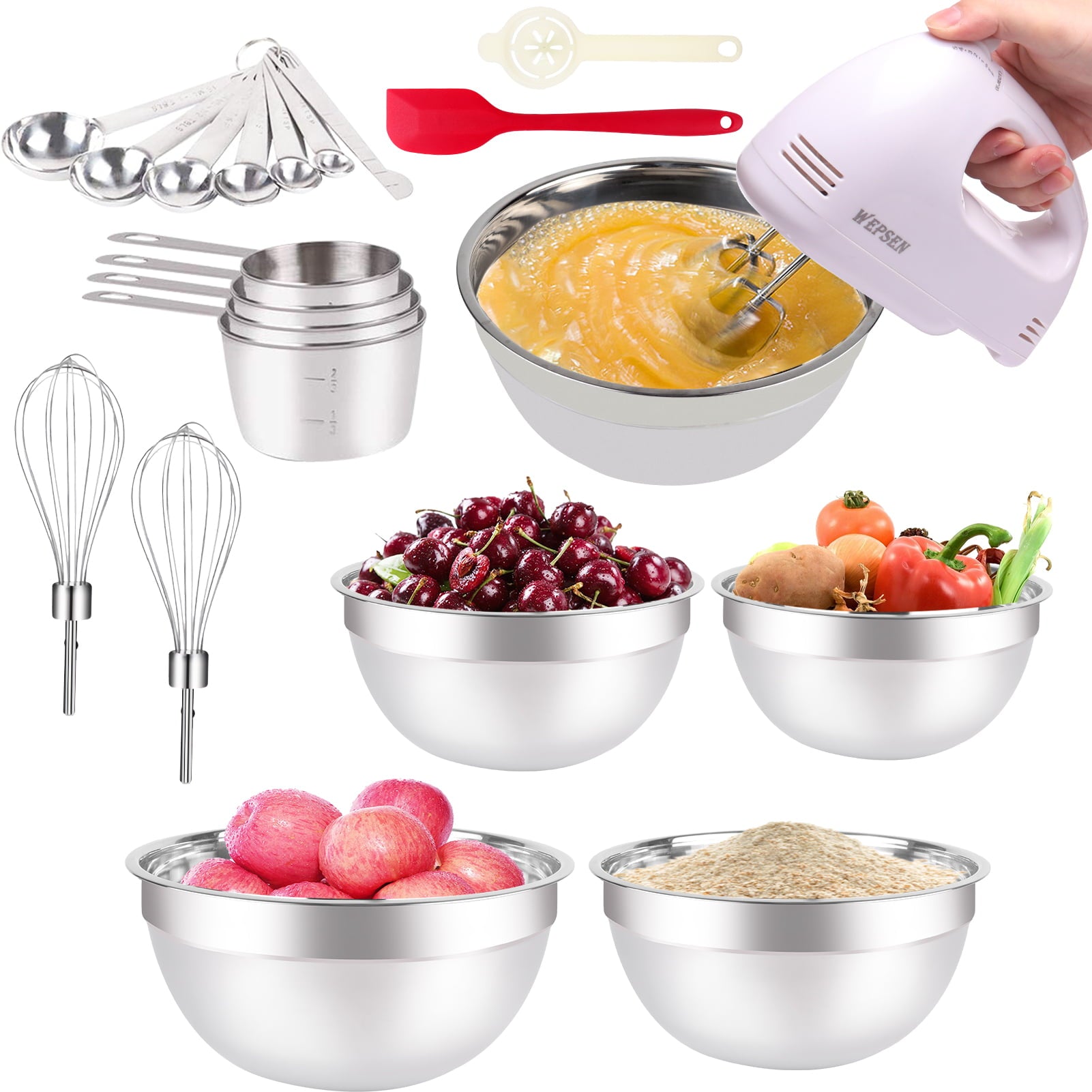 Electric Hand Mixer with Mixing Bowls Set, Hand Mixers for Kitchen, 5-Speeds Hand Mixer with Whisks Beater Stainless Steel Metal Nesting Mixing Bowl, Measuring Cups Spoons, Electric Mixers for Baking