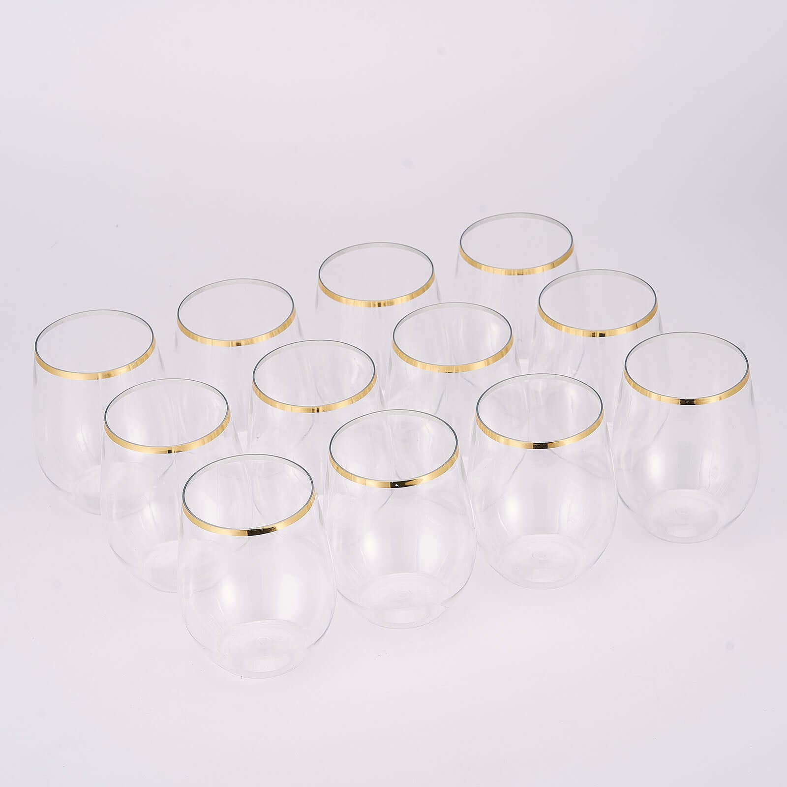 12 Pack Clear Gold Rim Plastic Stemless Wine Glasses, Reusable Wine Tumbler 12oz