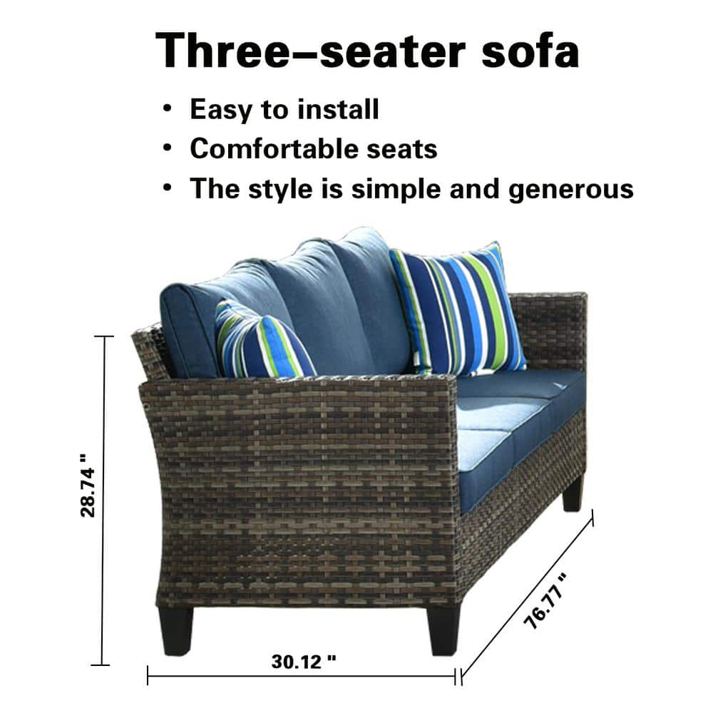 OVIOS New Vultros Gray 7-Piece Wicker Outdoor Patio Conversation Seating Set with Blue Cushions GRS3027