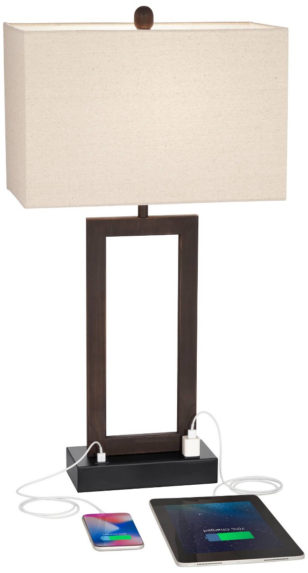 Tall Set Of 2 Bronze With Usb And Ac Power Outlet In Base Oatmeal Shade For Bedroom Living Room Bedside Desk