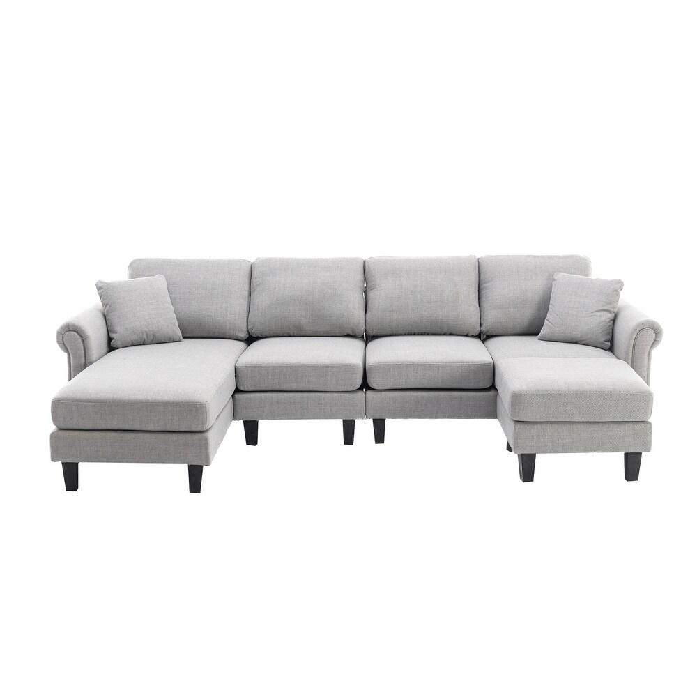 Velvet Upholstered L Shaped Sectional Sofa With Ottoman