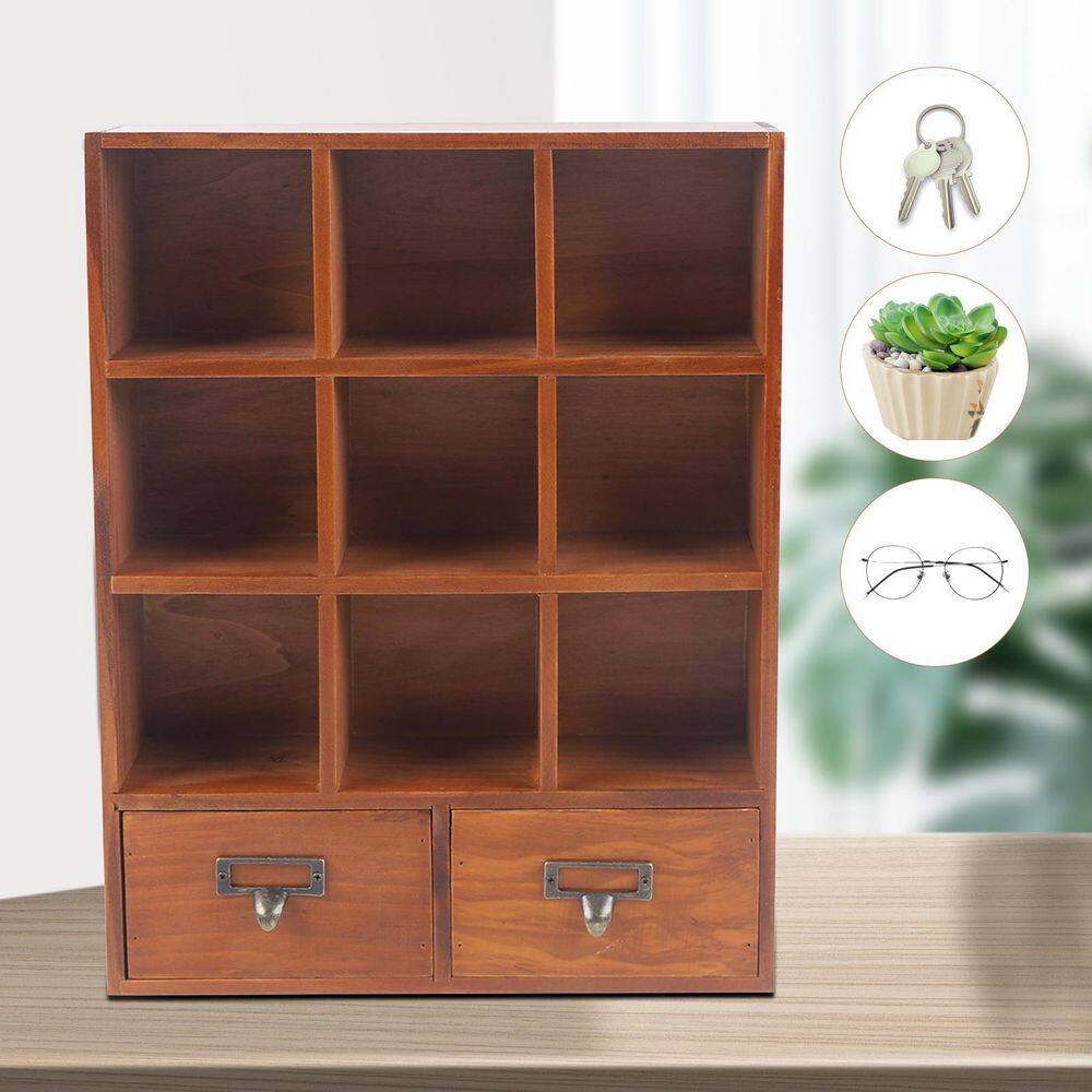 YIYIBYUS Brown Wooden Shelf with 2 Drawers Desktop Storage 9-Cube Organizer HG-HSLT-5697