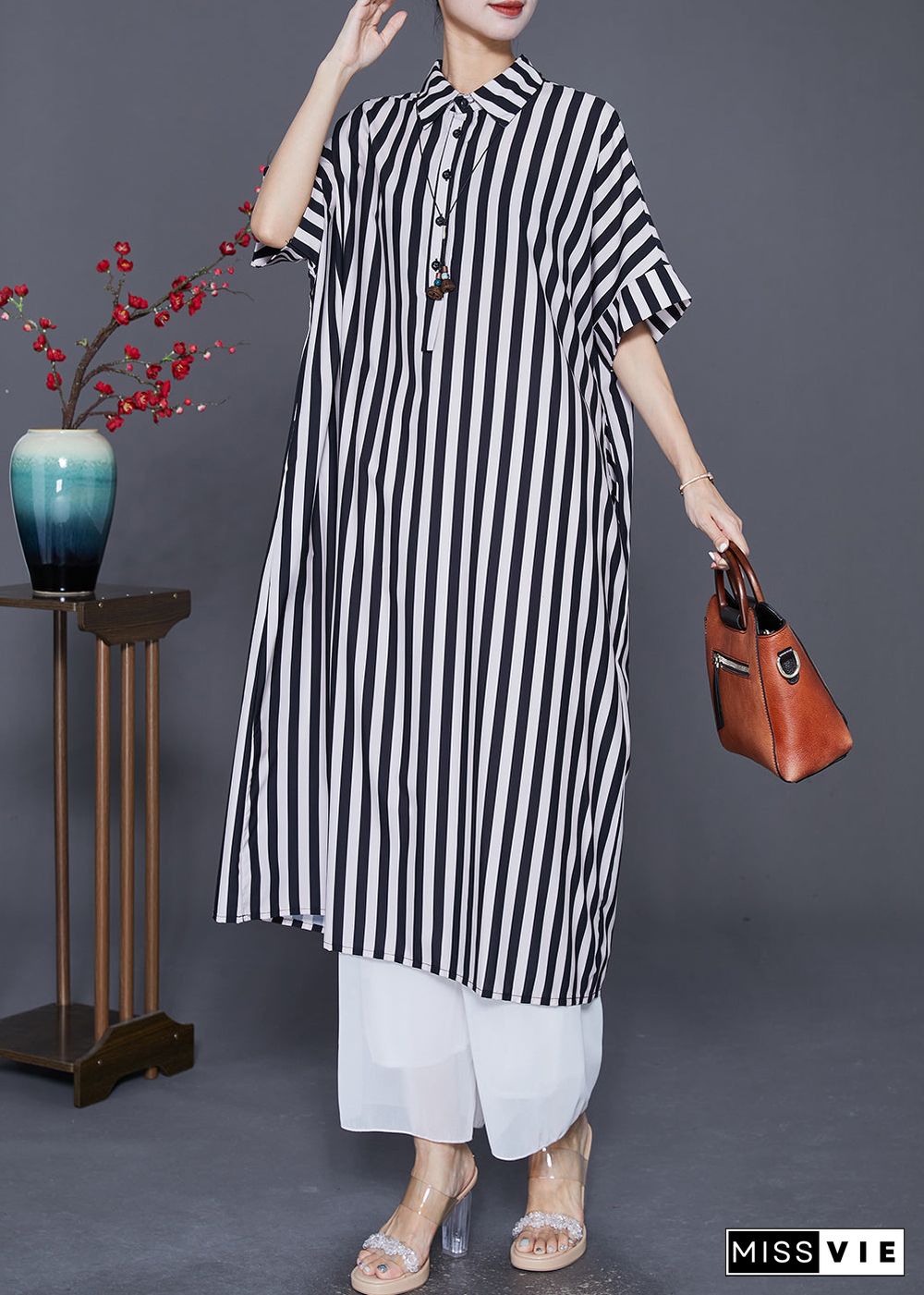 Black Striped Silk Maxi Dresses Oversized Peter Pan Collar Summer