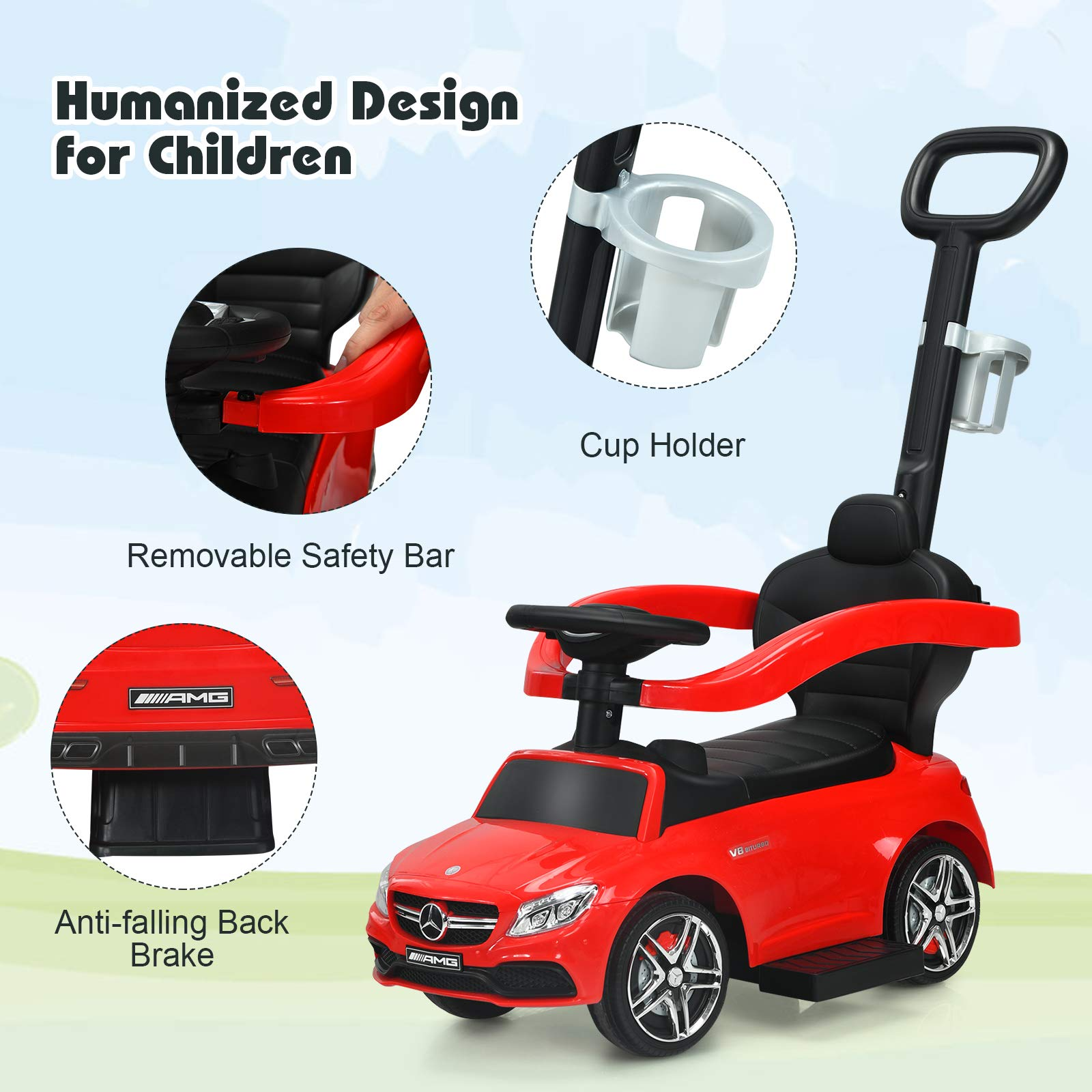 Costzon Push Car for Toddlers, 3 in 1 Mercedes Benz Stroller Sliding Walking Car w/ Canopy, Red