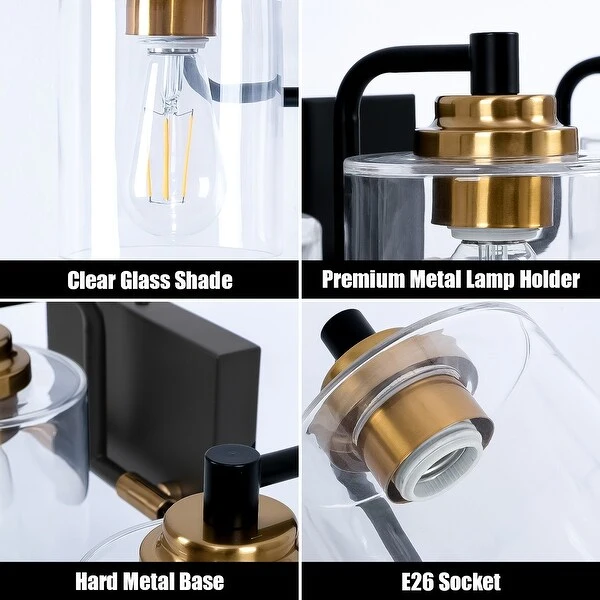 Black and Brass Finish 3-Light Modern Vanity Light with Clear Glass Shades - 22.8 in. W x 6.9 in. D x 7.7 in. H