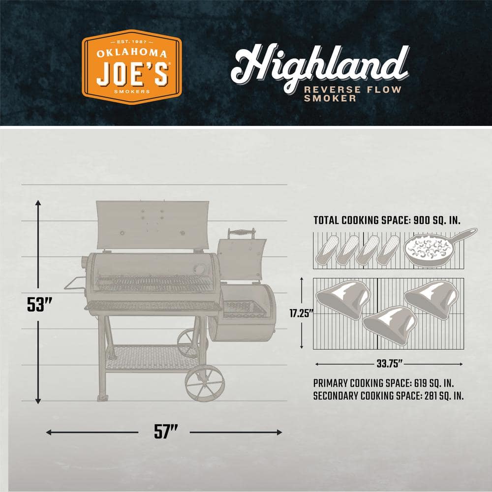 OKLAHOMA JOE'S Highland Reverse Flow Offset Charcoal Smoker and Grill in Black with 900 sq. in. Cooking Space 17202052