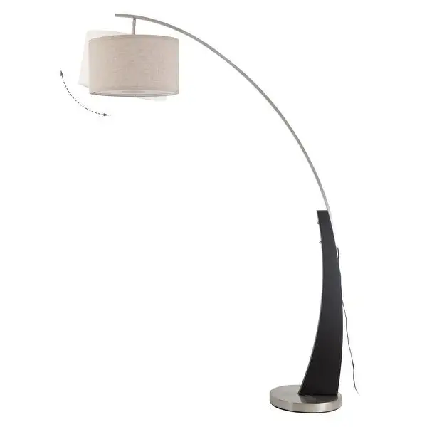 Q-Max Arched Floor Lamp with Drum Shade and Unique Black Wood Pole Base with Metal Base