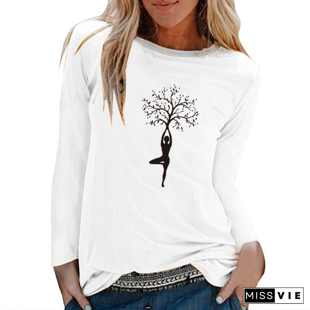 Lady Tree Print Long Sleeve T-shirts Women Autumn Winter ShirtsFor Women Cotton Graphic Tees Aesthetic White O Neck Tops Female