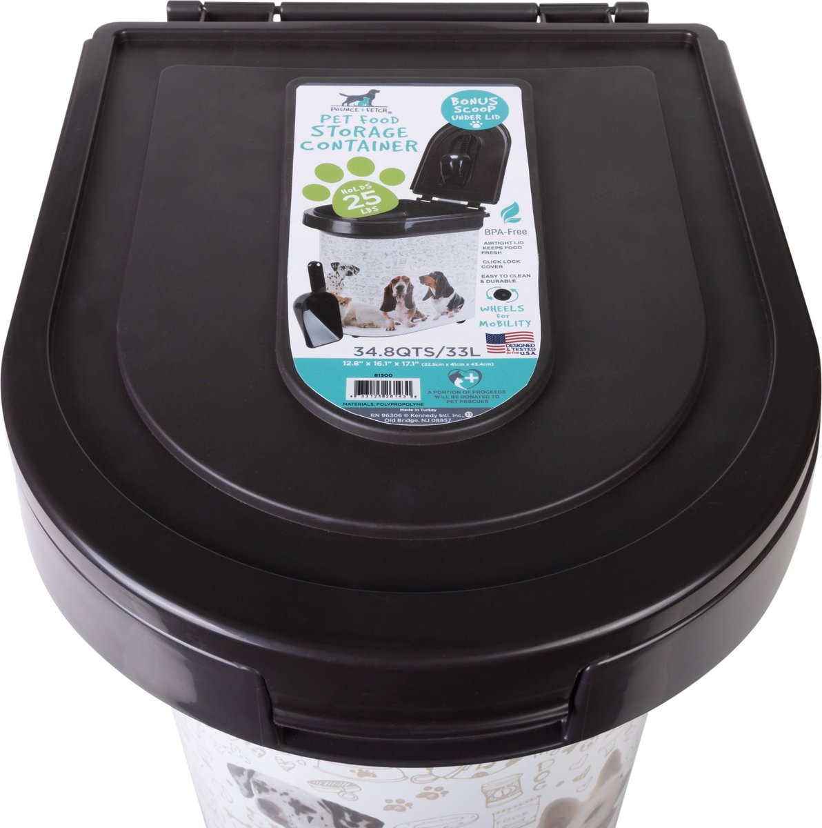 Pounce + Fetch Air Tight Cat and Dog Food Storage Container on wheels with Scoop and Lock Cover， White， 33-lit