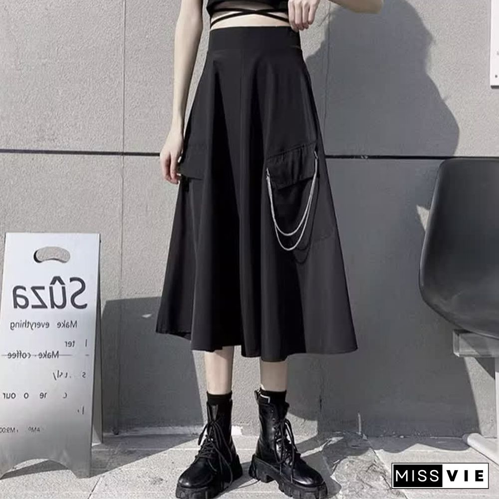 Chic Chain Pocketed Tie Polo T-Shirt Cargo Split Skirt