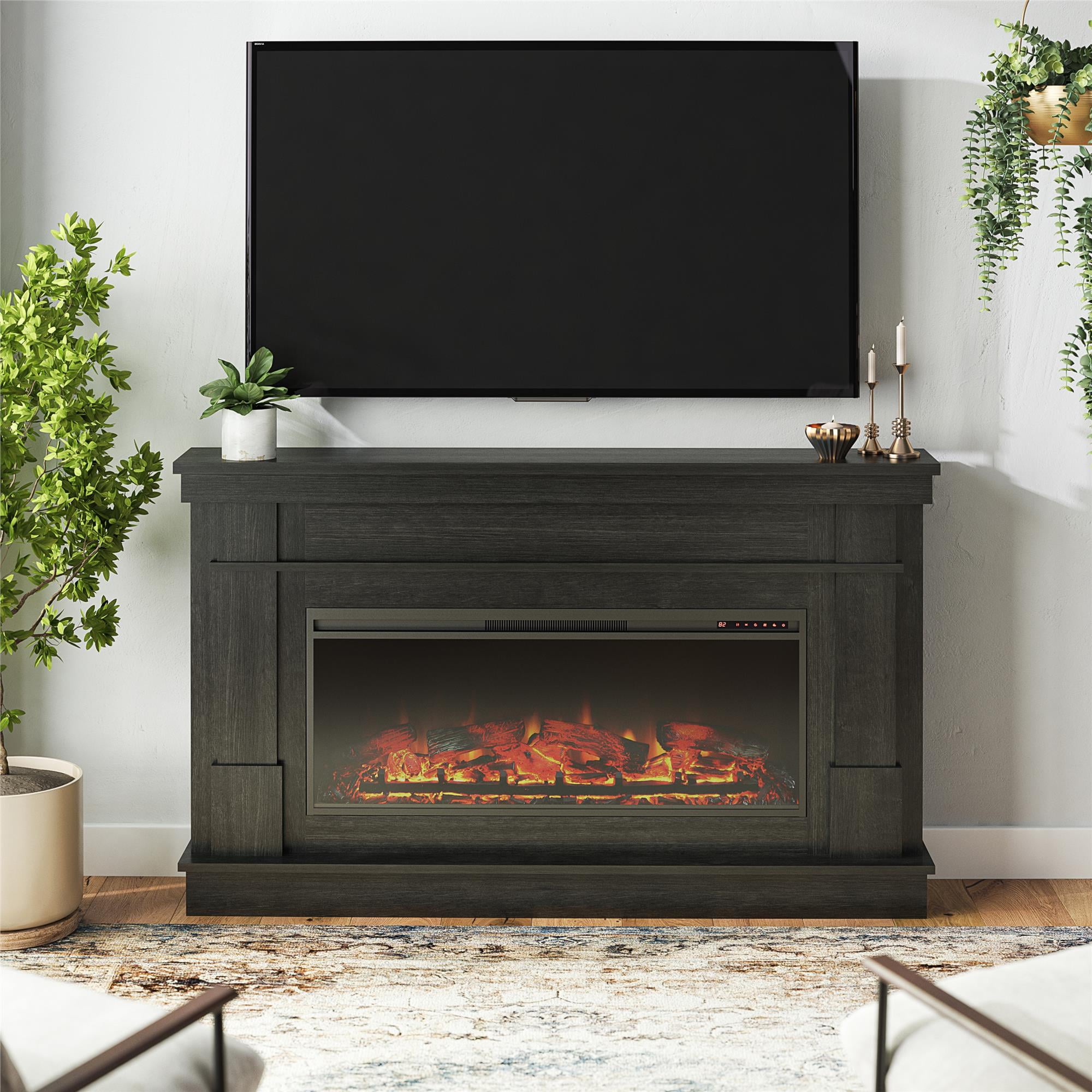 Ameriwood Home Elmdale Wide Mantel with Linear Electric Fireplace, Black Oak