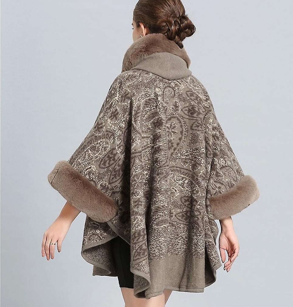 Winter Hooded Poncho With Faux Fur Collar Open Front Cape Warm Cardigant For Women