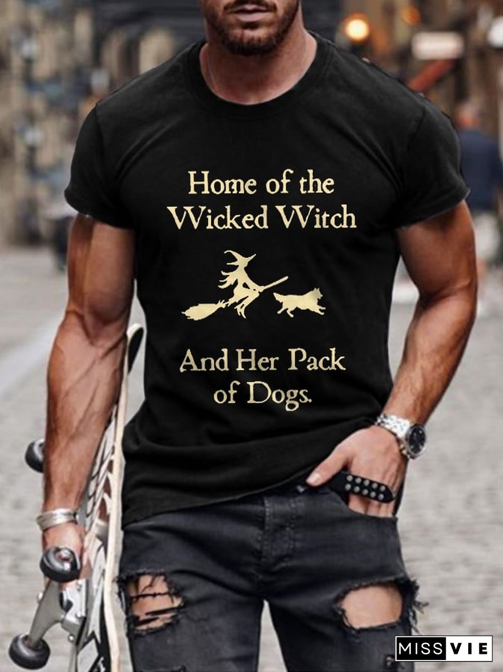 Retro Home Of The Wicked Witch And Her Pack Of Dogs Print T-Shirt