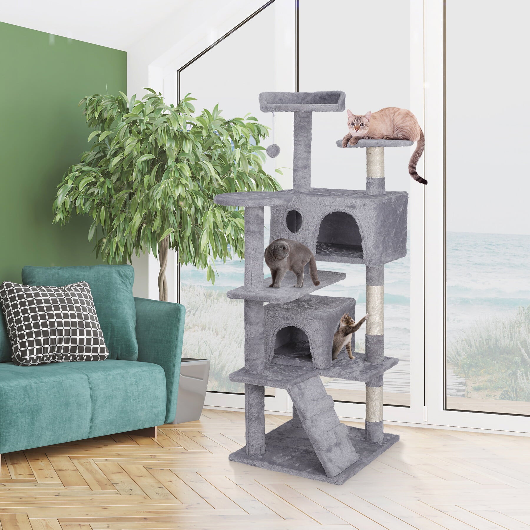 ZENSTYLE 55-in H Cat Tree and Condo Scratching Post Tower， Light Gray