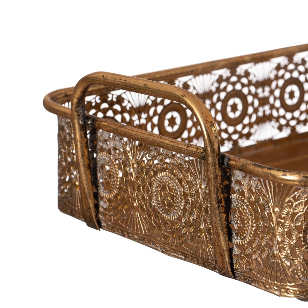 Metal Gold Rectangular Serving Tray with Oval Design and Handles