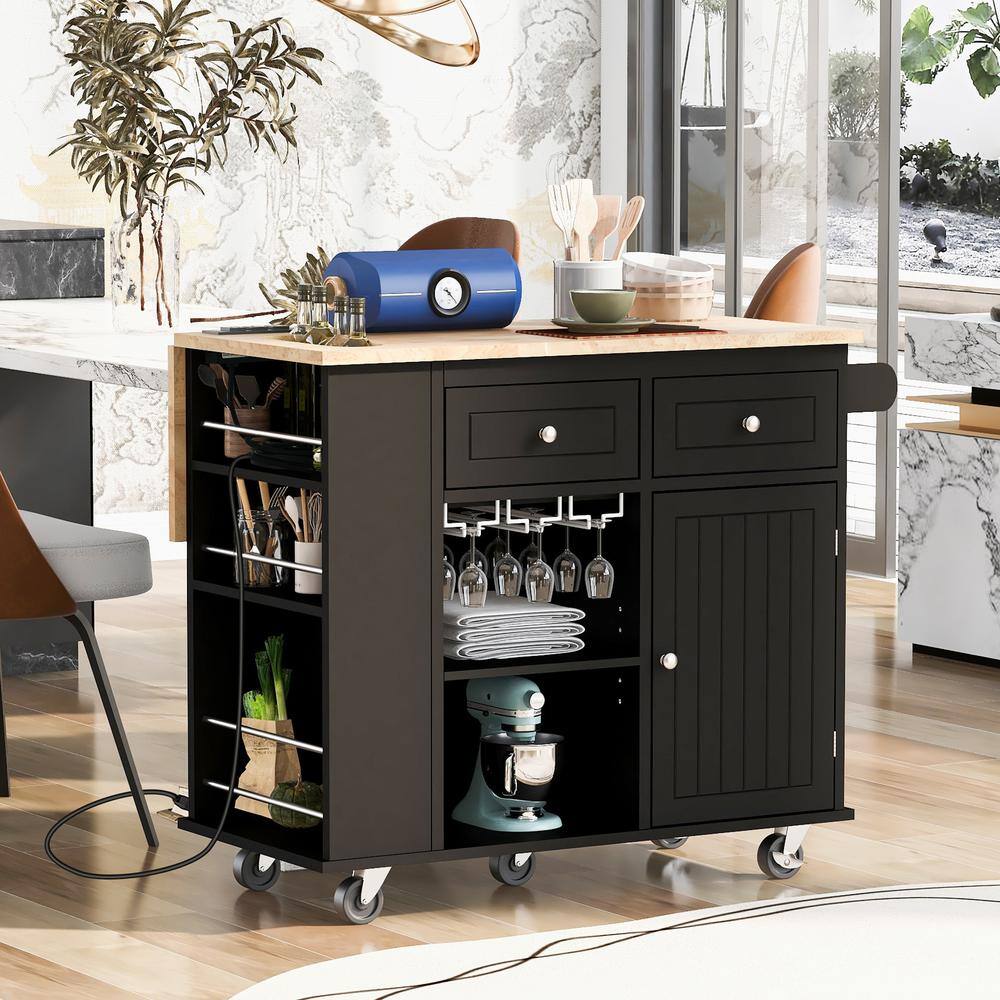 Black Rubber Wood 39.8 in. Kitchen Island with Adjustable Storage and Side Shelving SKC304642