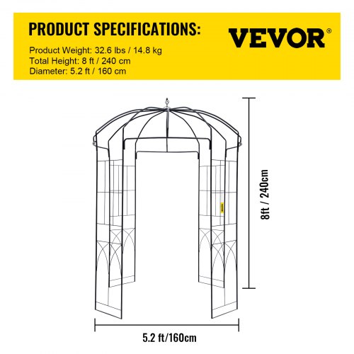 8' Birdcage Garden Arbor - Heavy Duty Wrought Iron Wedding Arch Trellis for Climbing Vines