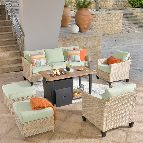 XIZZI 6Piece Outdoor Patio Wicker Furniture with Fire Pit Table