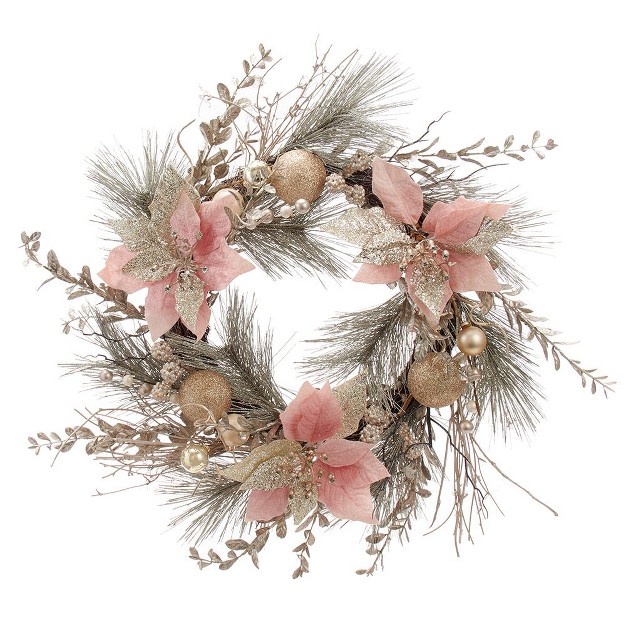 Kurt Adler 20 inch Champagne And Gold Wreath With Pink Poinsettias And Ornaments