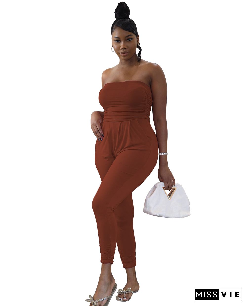 Solid Strapless Bodycon Streetwear One Piece Jumpsuit