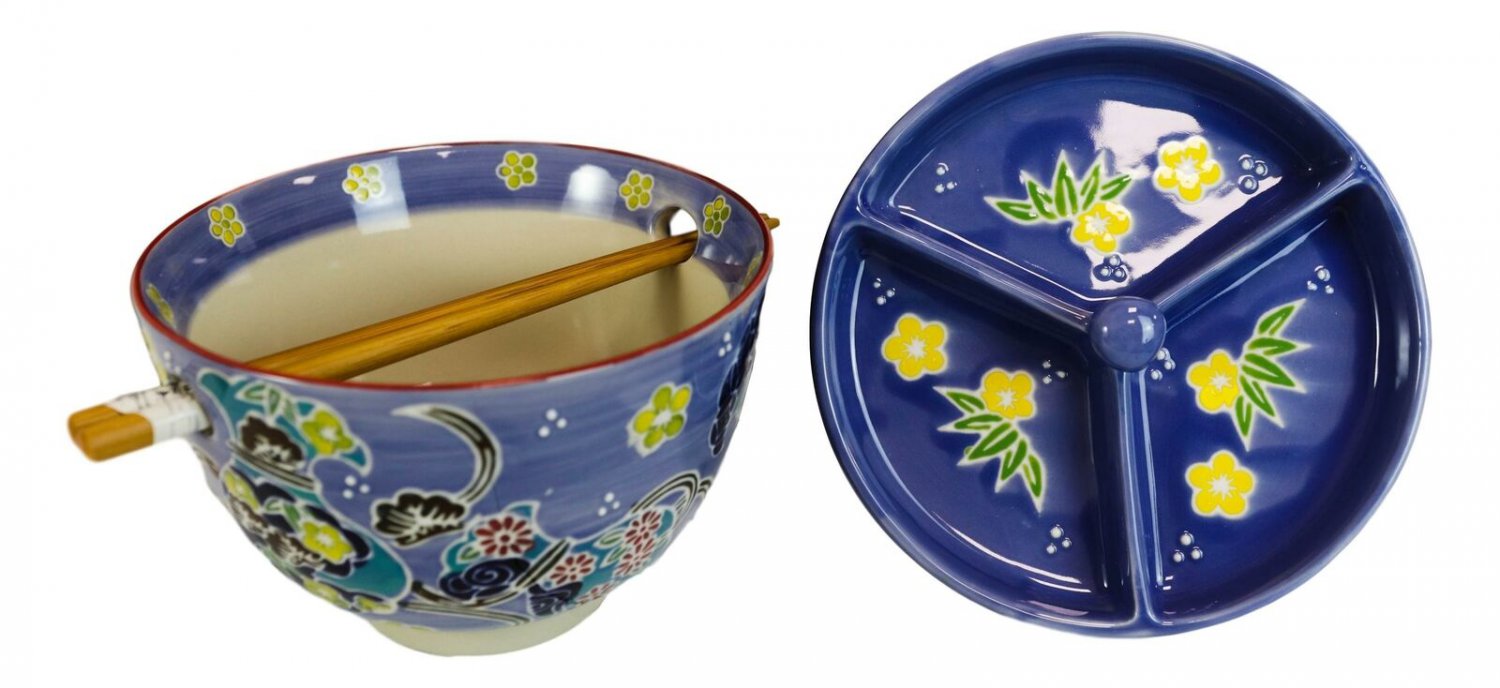 1 Purple Floral Sky Ramen Bowl With Tempura Divider Condiment Lid Chopsticks Set EBR02