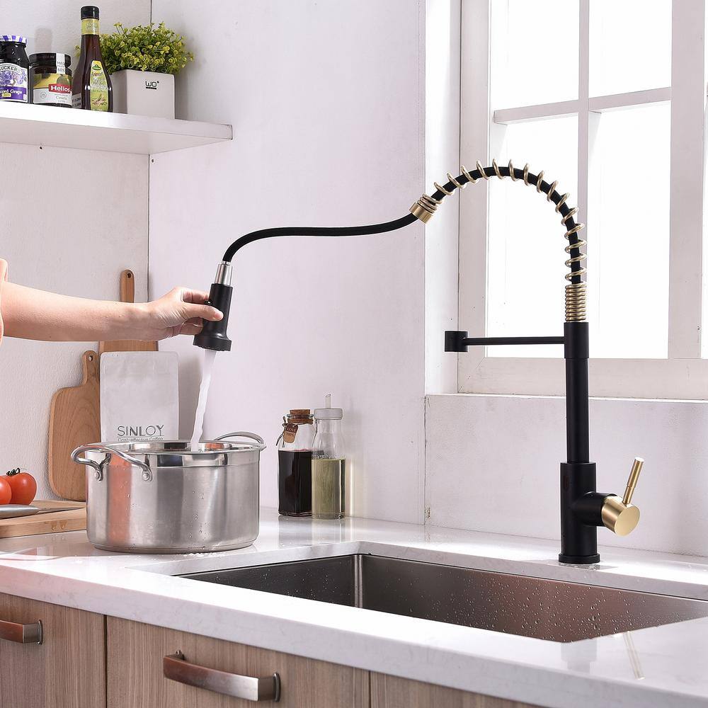 Boyel Living Single-Handle Touchless Sensor Gooseneck Pull-Down Sprayer Kitchen Faucet in Matte Black and Brushed Gold BMIS2252BG