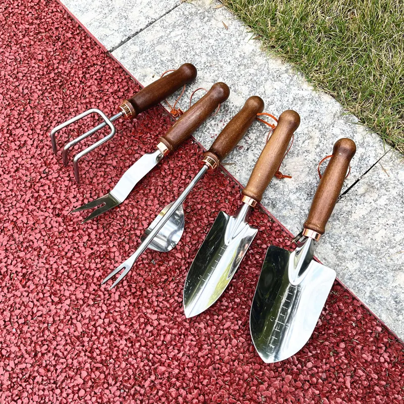 Garden Tool Set 5 Pieces Heavy Duty Garden Hand Tools Kit with Wooden Handle include stainless steel shovel  grass weeder  rake