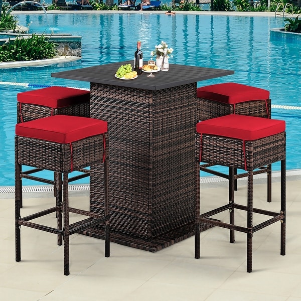 5 PCS Outdoor Rattan Bar Set Patio Bar Furniture with Cushions Stools