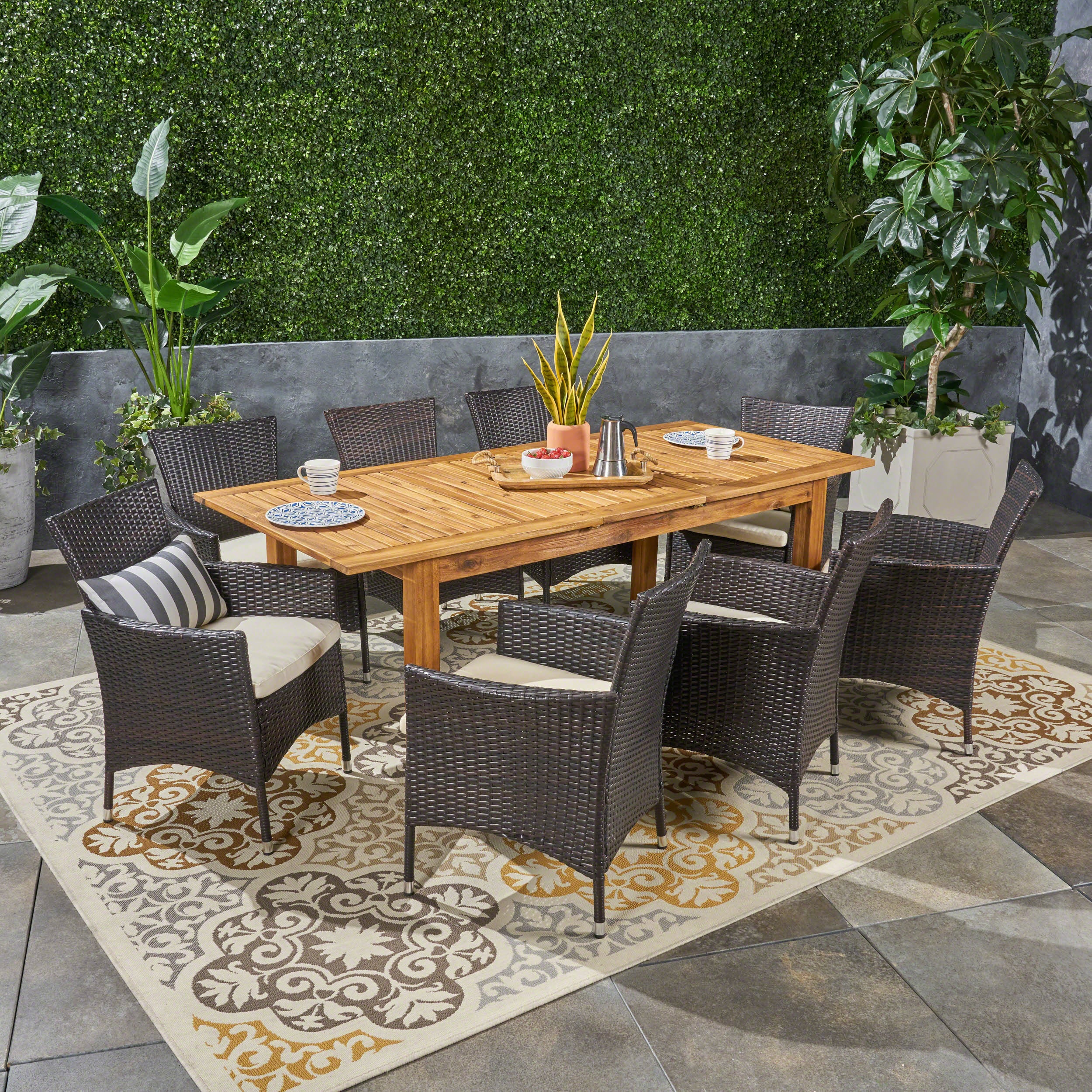 Saluda Outdoor Wood and Wicker Expandable Dining Set