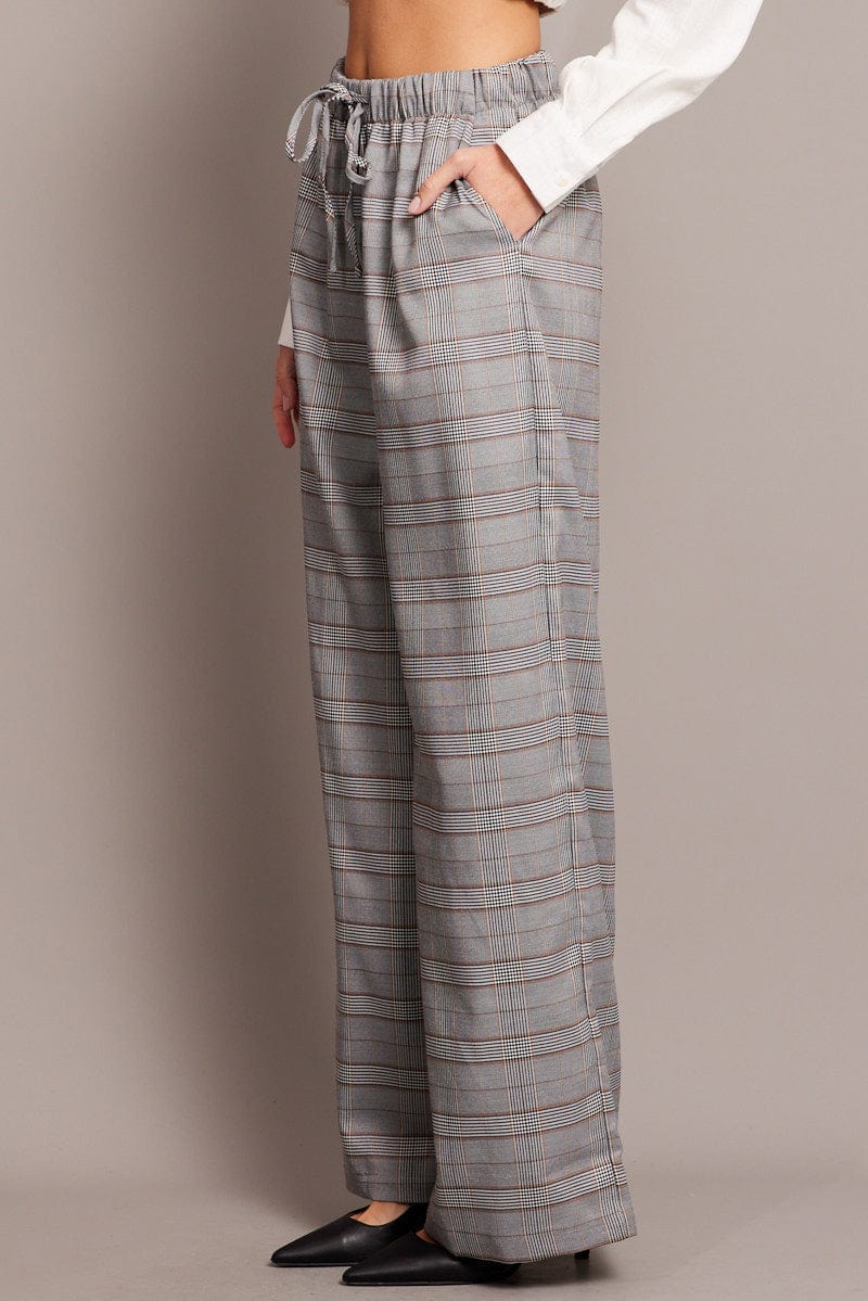 Grey Check Wide Leg Pants Elastic Waist
