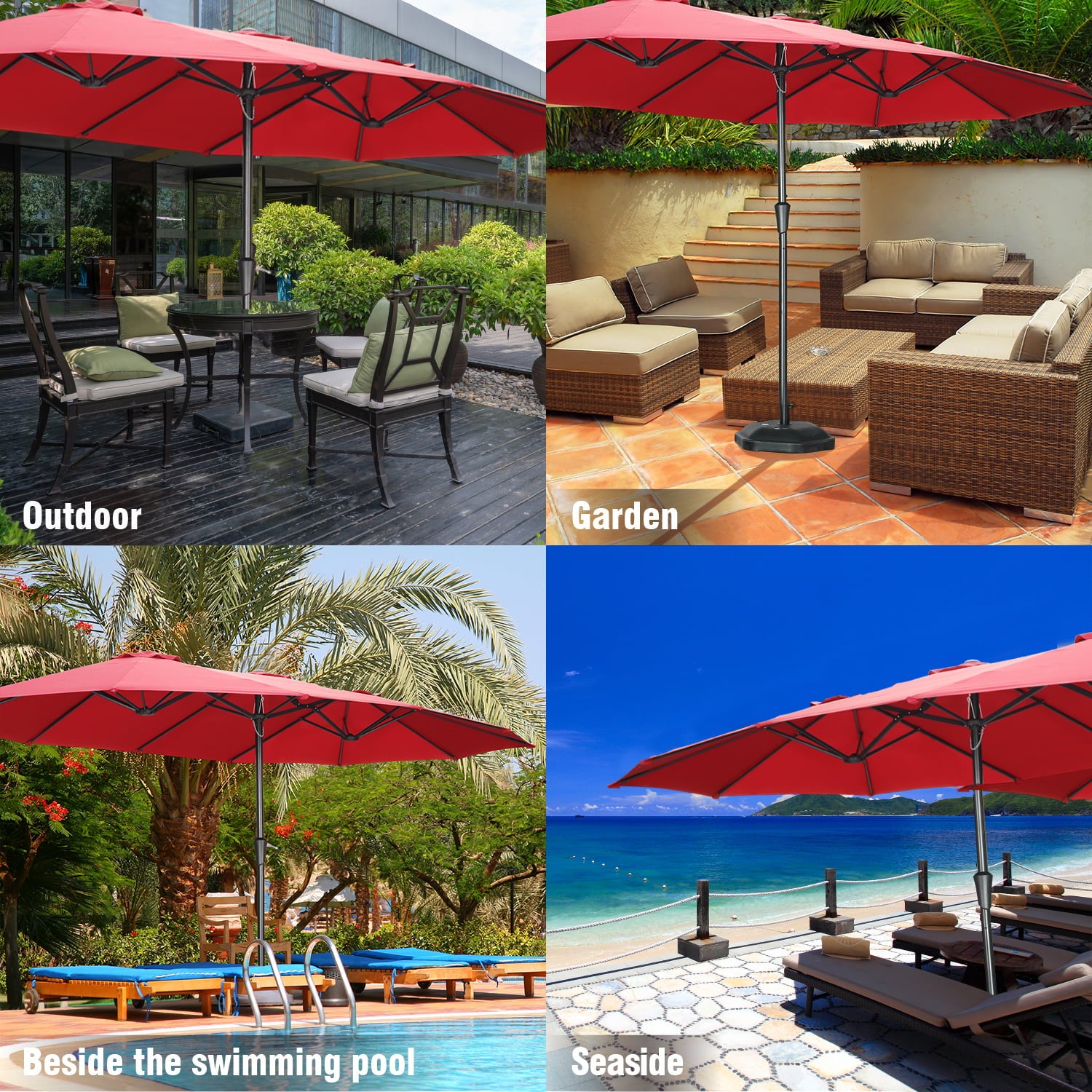 Wesfital 15ft Large Rectangle Umbrellas Double-Sided Outdoor Market Umbrella with UV Sun Protection & Easy Crank for Backyard, Poolside, Lawn and Garden, Red