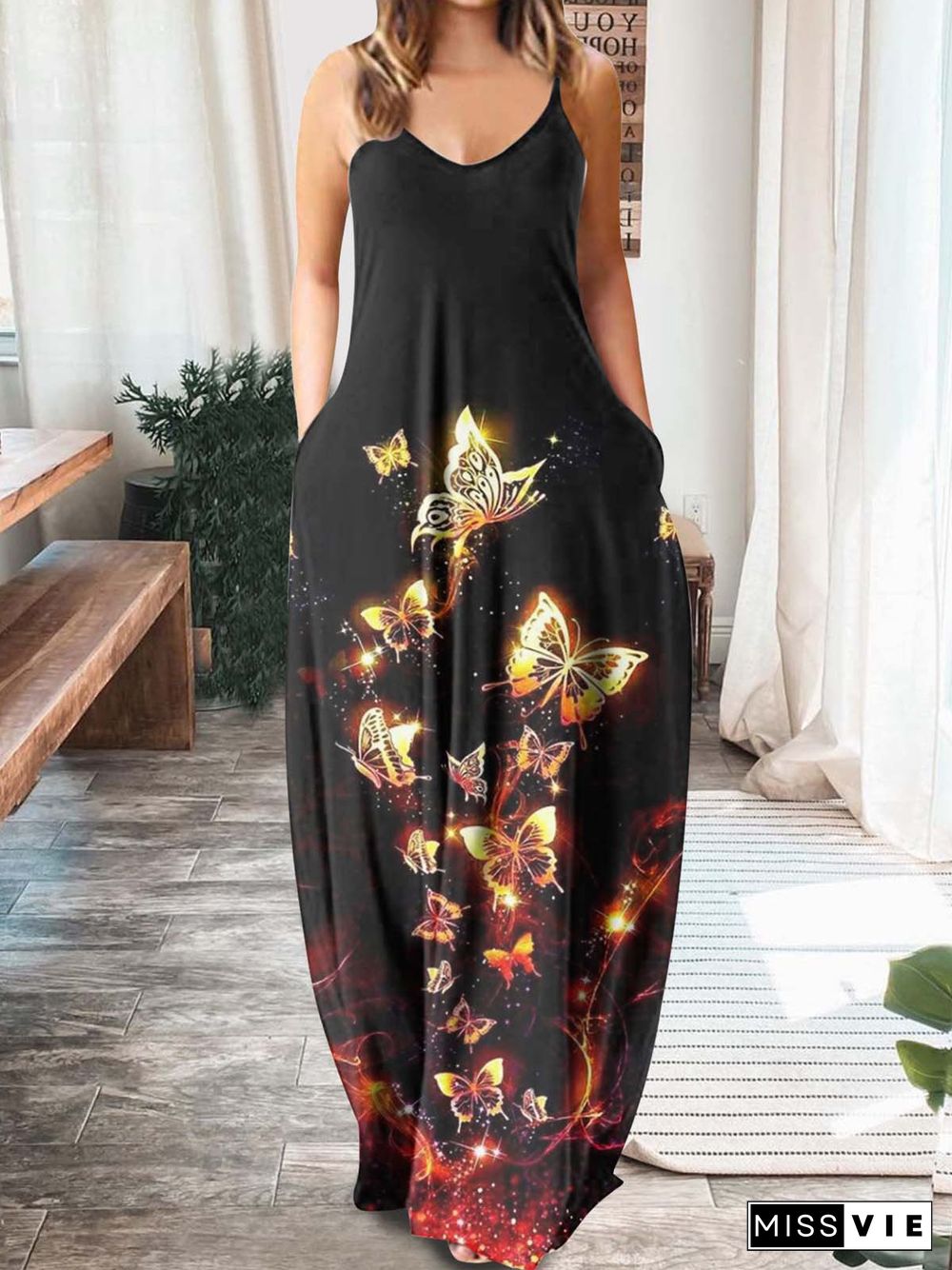 Women'S Dresses Printed V-Neck Sling Pocket Sleeveless Dress