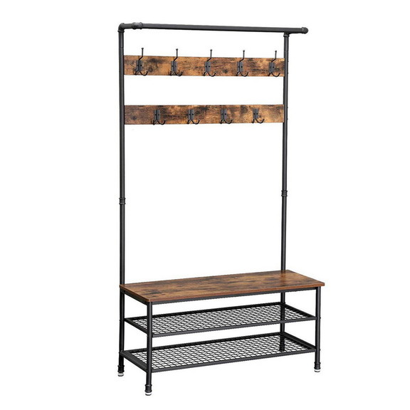 Benjara BM195871 Metal Coat Rack with Wooden Bench...