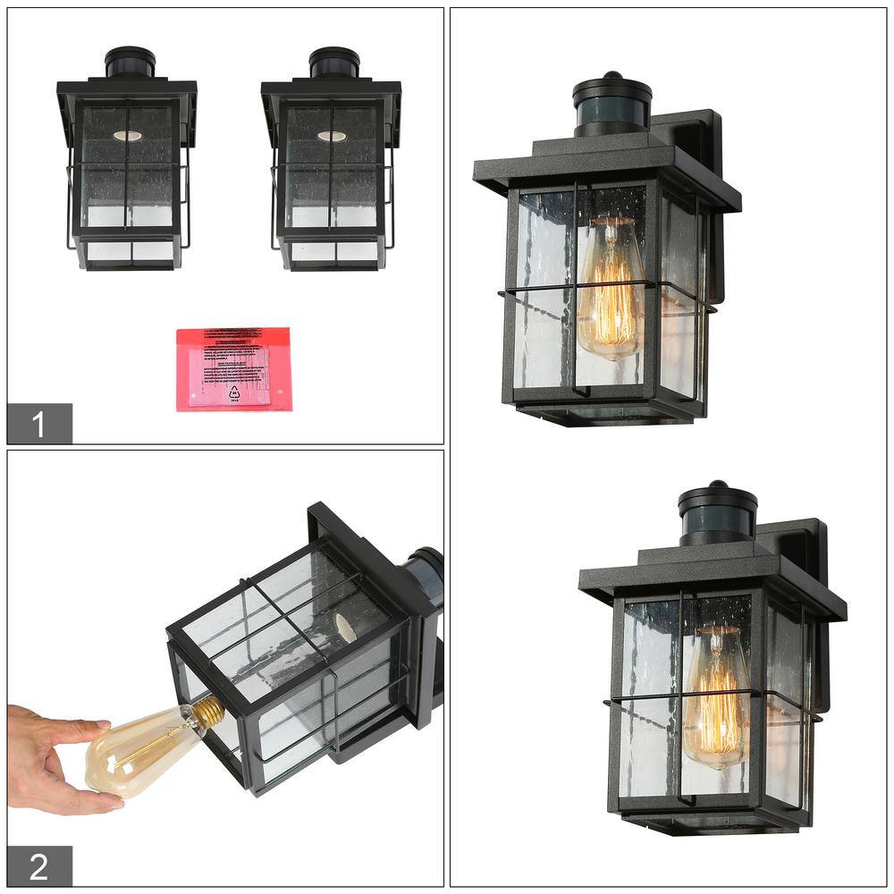 LNC Modern Black Motion Sensing Outdoor Sconce with Seeded Glass Shade Farmhouse 1-Light Front Door Wall Lantern (2-Pack) EV26JRHD1745DG8