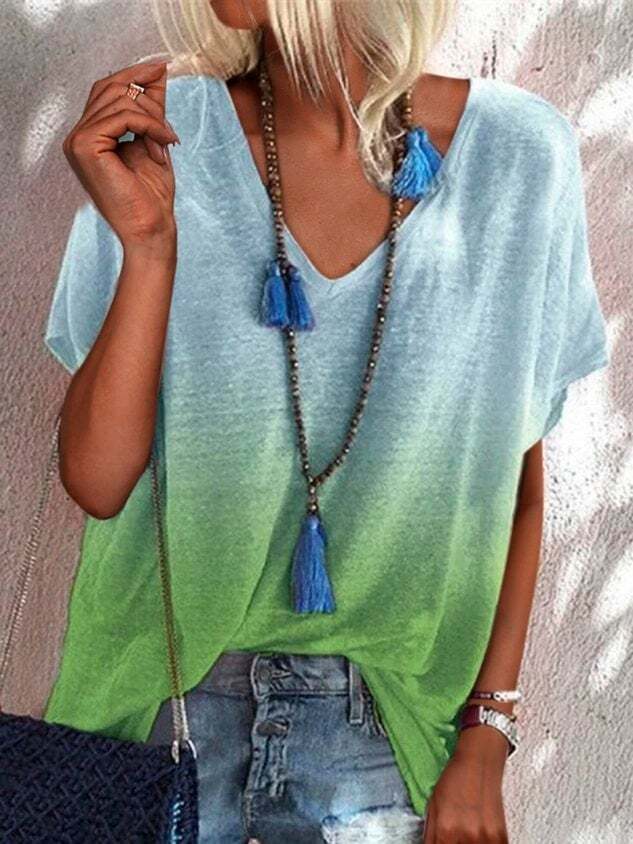 Ombre Short Sleeve V Neck Plus Size Casual Tops(Acc not included)
