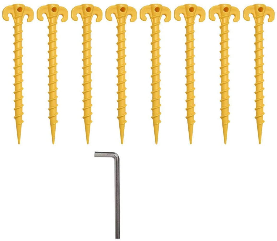 Kotto Large 10 inch Yellow Outdoor Tent Stakes Ultimate Ground Anchor Pegs, 8-Pack Heavy Duty Screw Style Ground Stakes