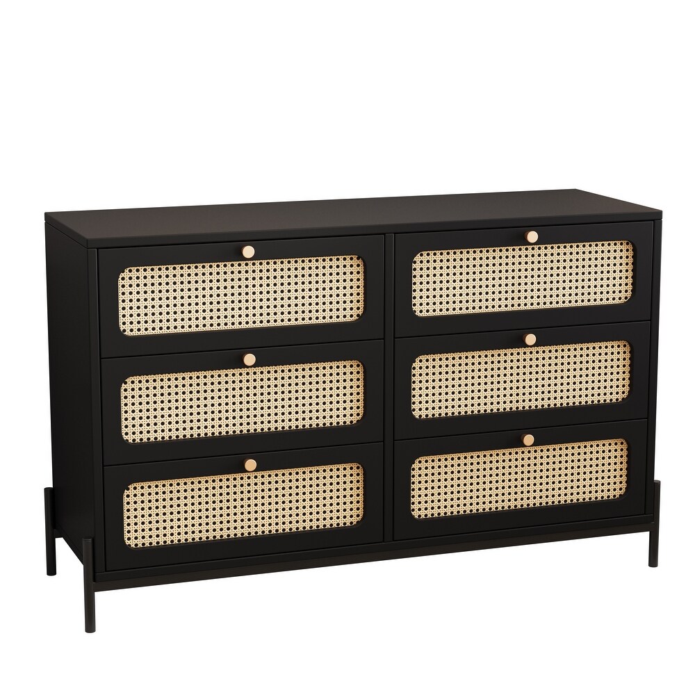 Modern Cannage Rattan Wood Closet 6 Drawer Dresser for Bedroom