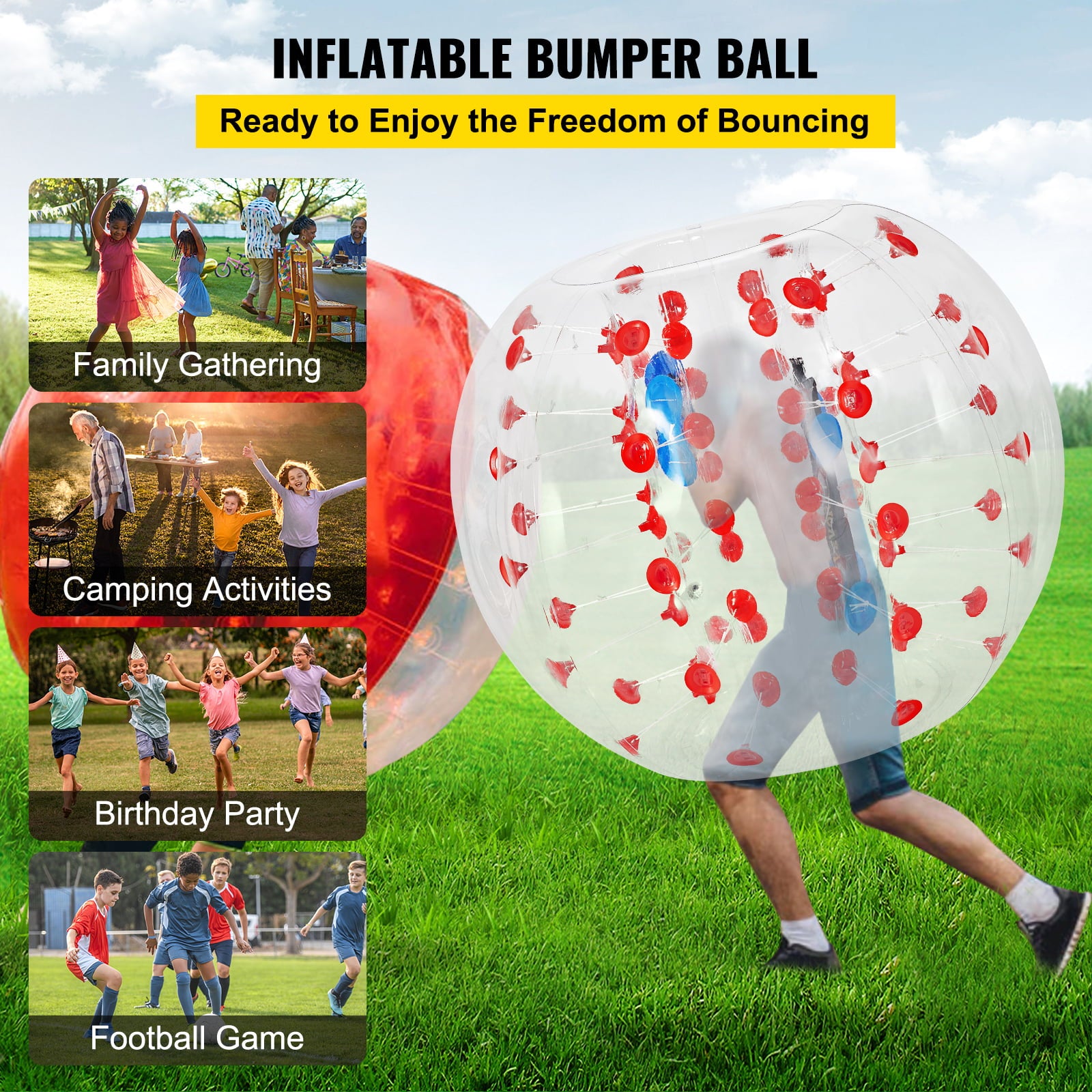 VEVORbrand Bumper Bubble Soccer Ball，5 ft/1.5 m Dia Inflatable Bumper Ball， Inflatable Body Zorb Ball for Kids Adults， Blow It Up in 5 Min， for Backyard， Park， Beach， Playing Center