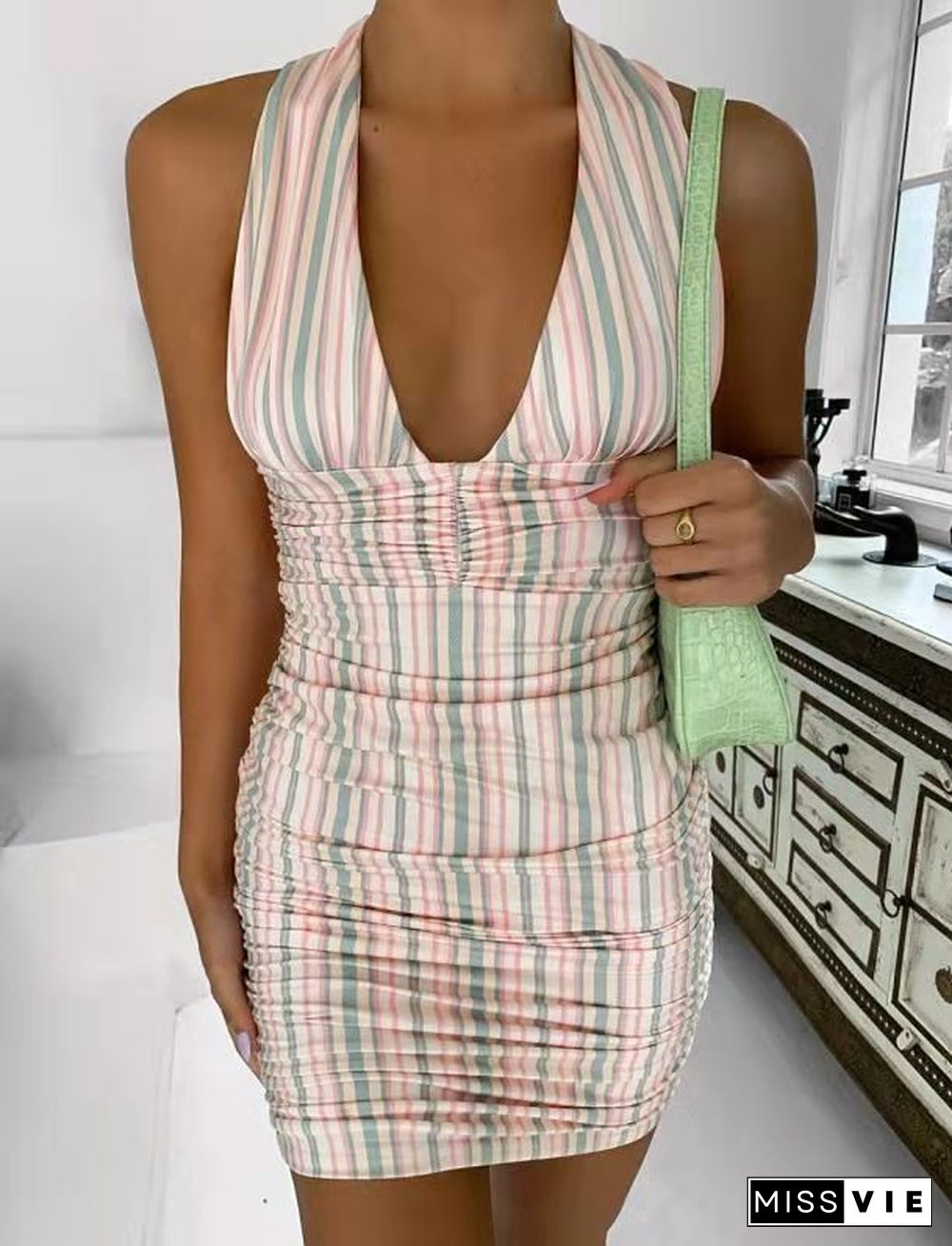 New Fashion Deep V-Neck Striped Women Sexy Sleeveless Stretch Bodycon Mini Dress