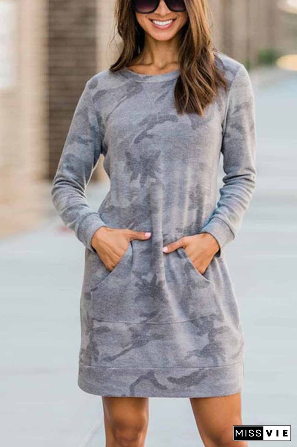 Casual Loose Round Neck Camouflage Mini Dress