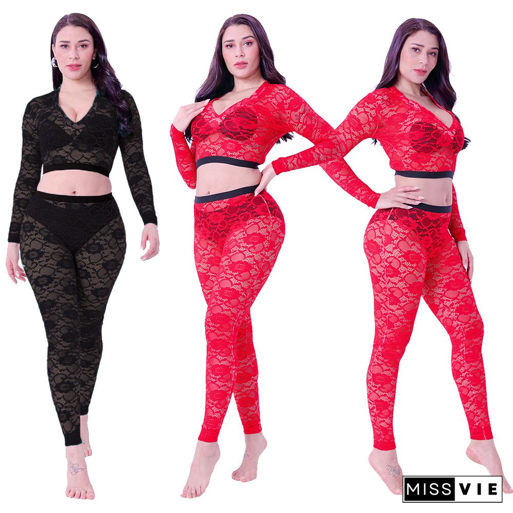 Lace V-neck Long Sleeve Crop Top Pants Set