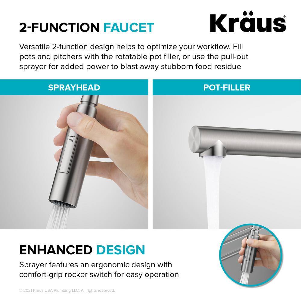 KRAUS Artec Pro Pull-Down Single Handle Kitchen Faucet with Pot Filler in Spot Free Antique Champagne Bronze  Matte Black KPF-1604SFACBMB