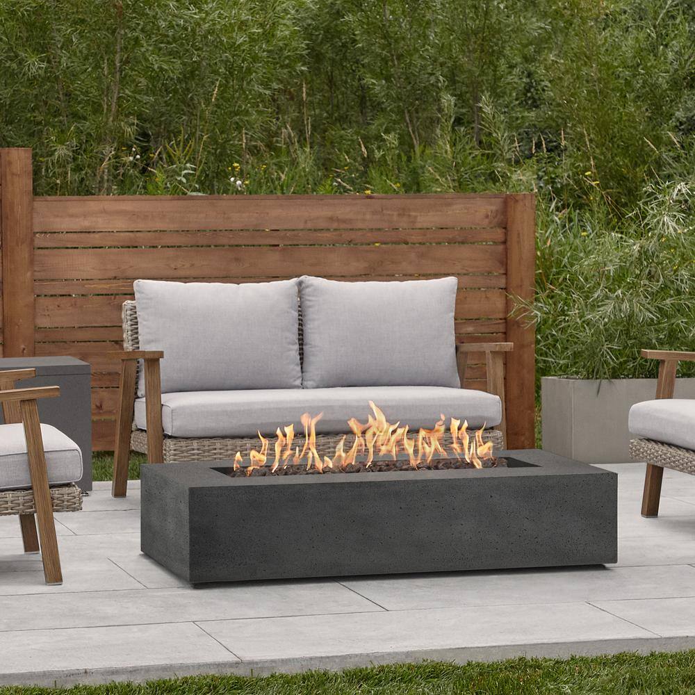 JENSEN CO Brookhurst 56 in. W x 13 in. H Outdoor GFRC Liquid Propane Fire Pit in Carbon with Lava Rocks 1590LP-CBN