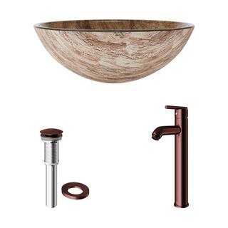 VIGO Glass Round Vessel Bathroom Sink in Wooden Brown with Seville Faucet and Pop-Up Drain in Oil Rubbed Bronze VGT172