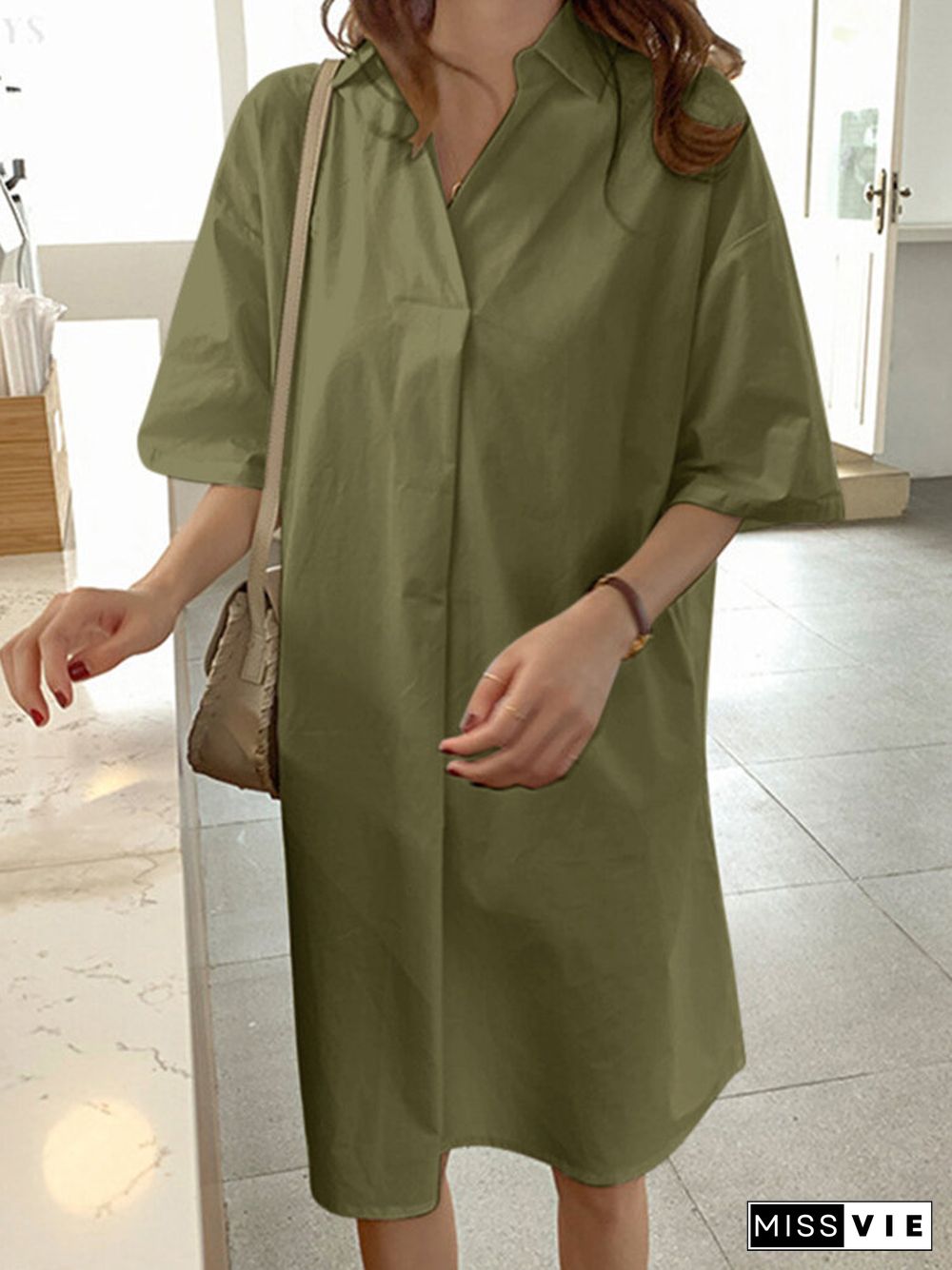 Solid Lapel Half Sleeve Casual Dress