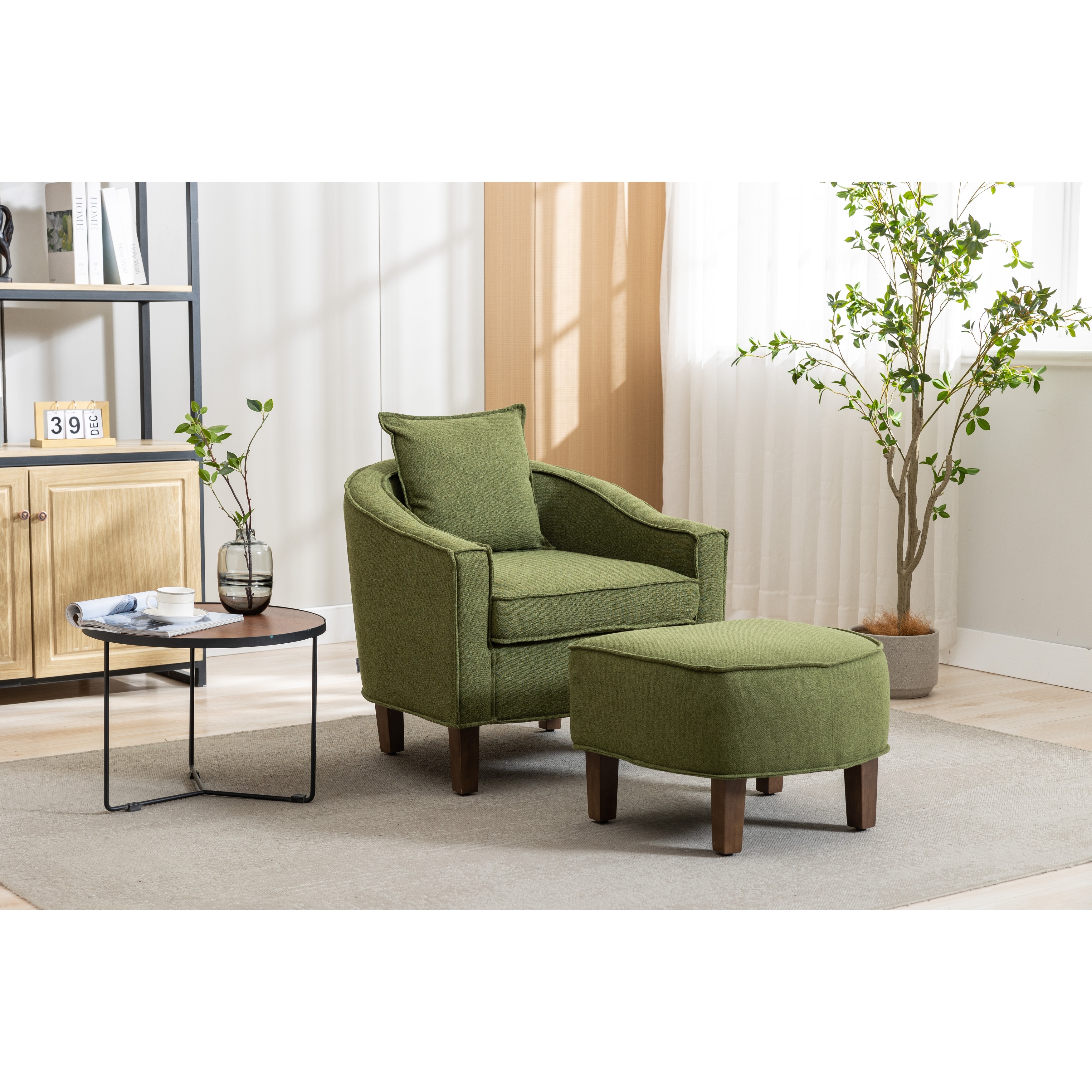 Modern Accent Chair with Ottoman， Mid Century Barrel Chair Lounge Chairs Upholstered Round Armchairs for Living Room， Olive